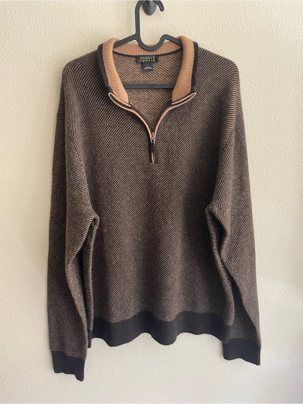 Harold Powell - Men’s Large Cashmere quarter zip pullover Sweater Brown